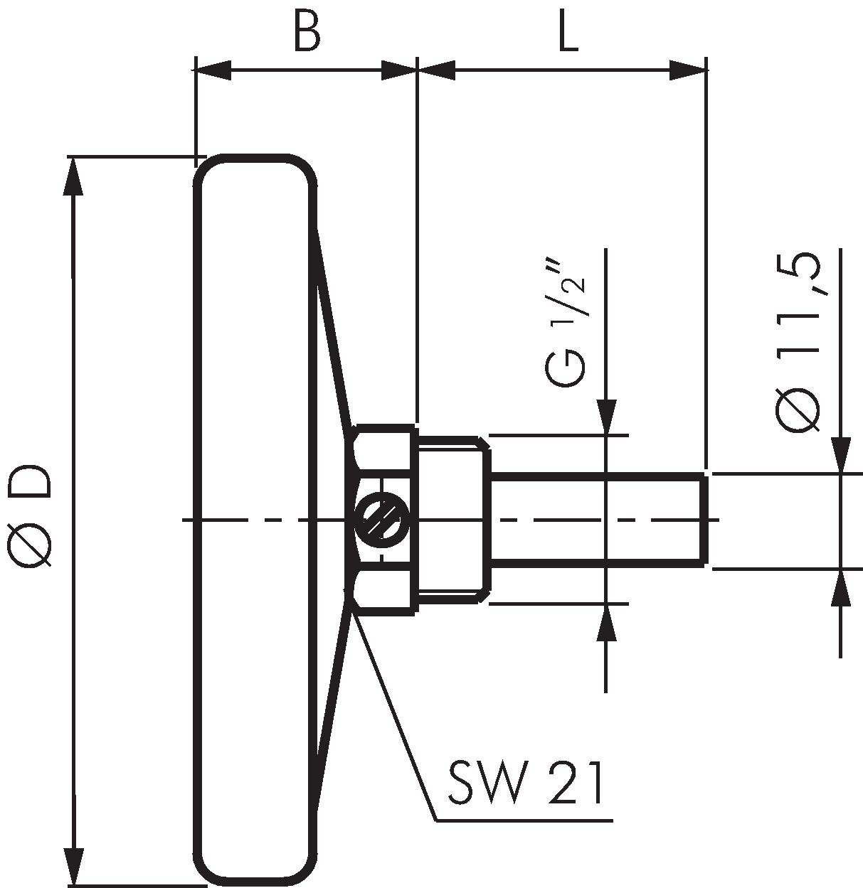 Zeichnung: Bimetallthermometer waagerecht mit Alum