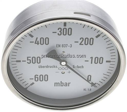 Manometer waagerecht 160mm, -0,6 bar bis 0 bar mbar, G 1/2"