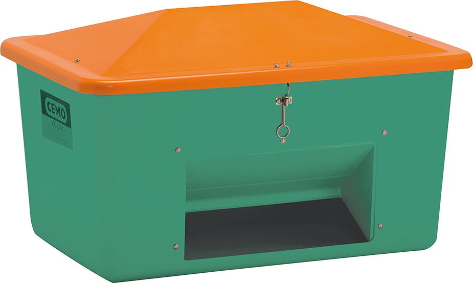 Streugutbehälter 1100 l B1630xT1210xH1010 mm mit Entnahmeöffnung grün/orange CEMO