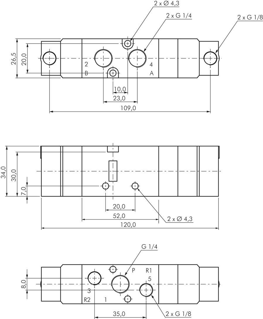 Zeichnung: 5/3-Wege Pneumatikventil