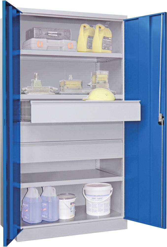 Schwerlastschrank 1950/630/1040 Drehg., ohne Trennwand 3 Böden, 3 Schubladen