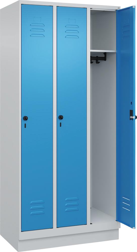Garderobenschrank CLASSICB900xT500xH1950 mm RAL 7035/5012, 3 Abteile mit 100 mm hohem Sockel