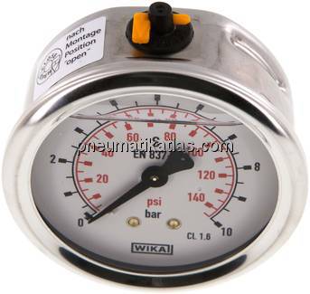Glycerin-Manometer waagerecht (CrNi/Ms),63mm, 0 - 10bar