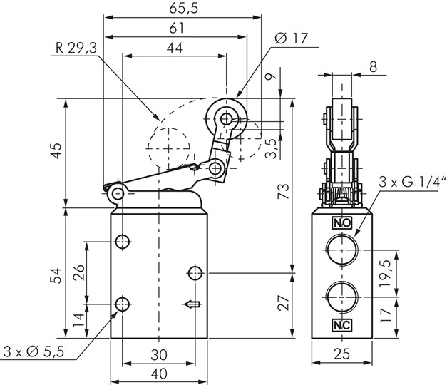 Zeichnung: 3/2-Wege Leerrücklaufrollenventil