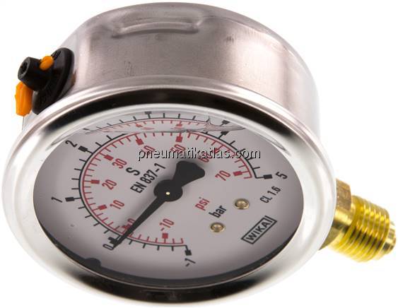 Glycerin-Manometer senkrecht (CrNi/Ms), 63mm, -1 bis 5 bar