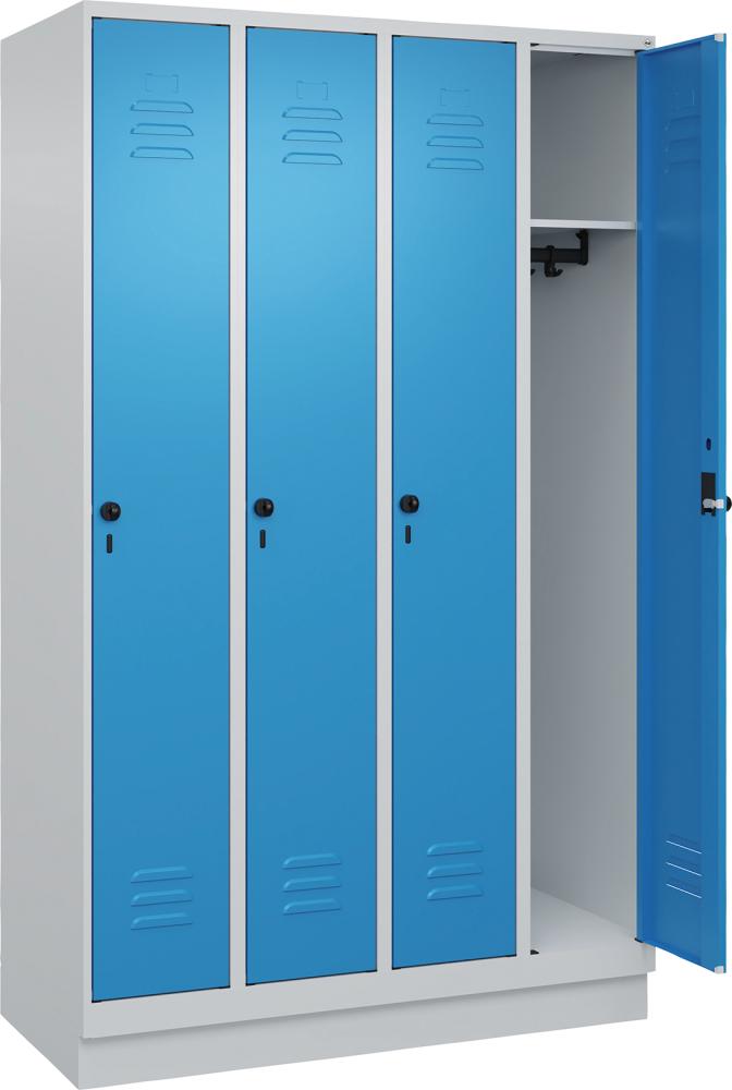 Garderobenschrank CLASSICB1200xT500xH1950 mm RAL 7035/5012, 4 Abteile mit 100 mm hohem Sockel