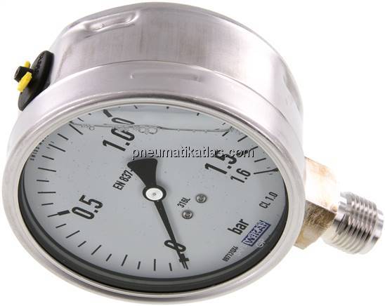 Chemie-Glycerin-Manometer senkrecht,100mm, 0 - 1,6 bar