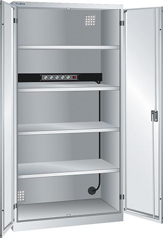 Akku-Ladeschrank B1000xT580xH1950mm RAL 7035,Vollblechtür 1x5-fach Leiste,4Böden