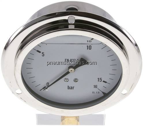 Glycerin-Einbaumanometer,Frontring, 100mm, 0 - 16 bar