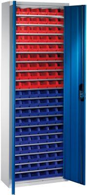 Lager-Regalschrank B700xT300xH1980 mm RAL 7035/5012 mit Türen 18 Fachböden, 114 Kästen