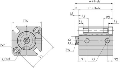 Zeichnung: Kompaktzylinder (Ø 12 - Ø 16)