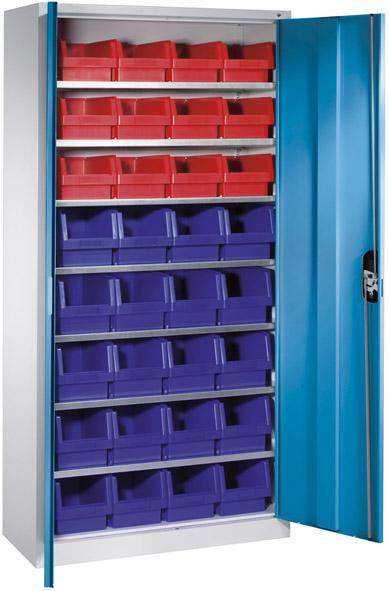 Lager-Regalschrank B1000xT300xH1980 mm RAL 7035/5012 mit Türen 7 Fachböden, 32 Kästen CP