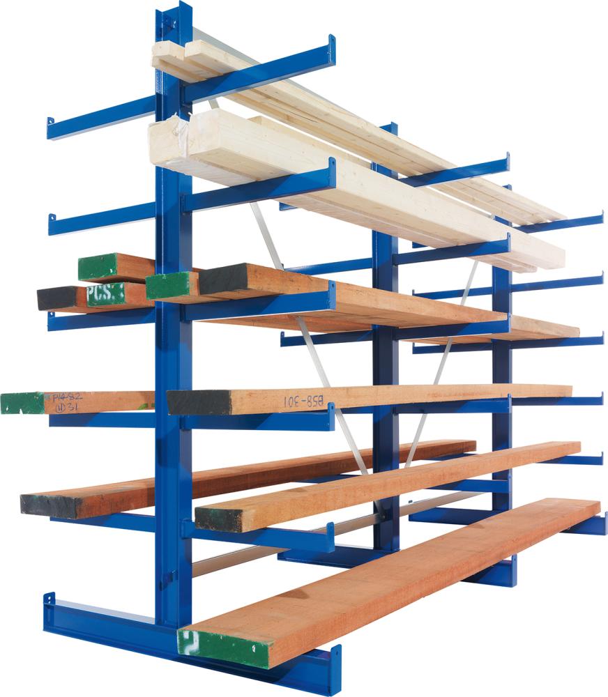 Kragarmregal L Anbaufeld B1000xT2x600xH2500 mm doppelseitig RAL 5010 2x4 Arme Traglast 140kg