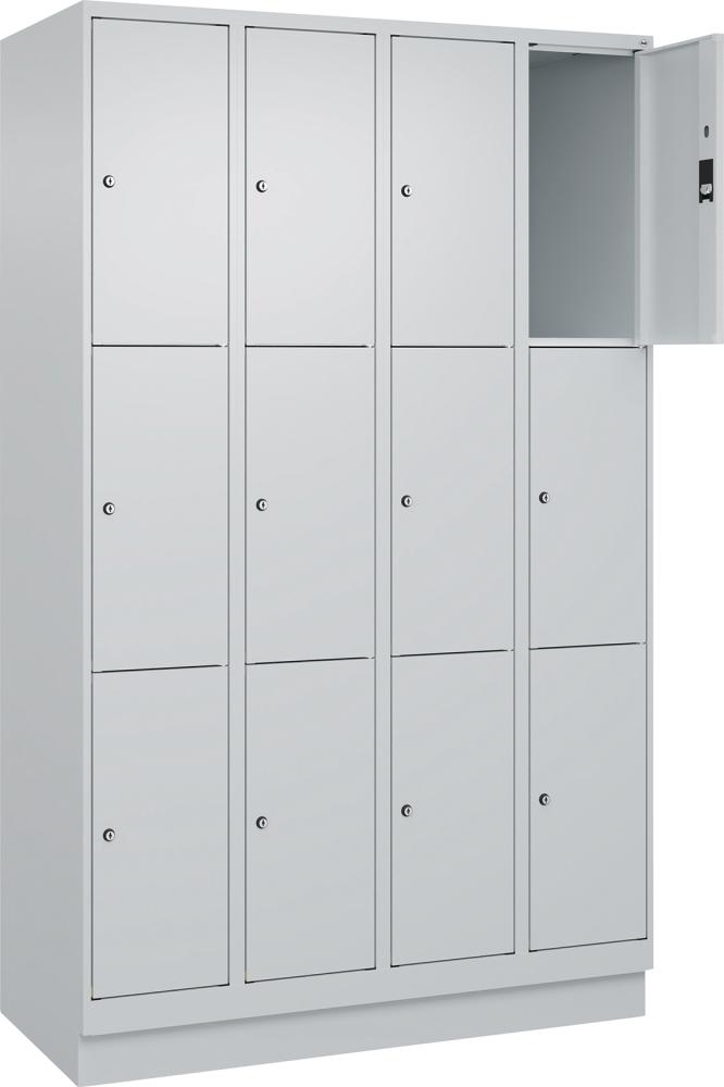 Fächerschrank CLASSIC B1200xT500xH1950 mm RAL 7035/7035, 4x3 Fächermit 100 mm hohem Sockel