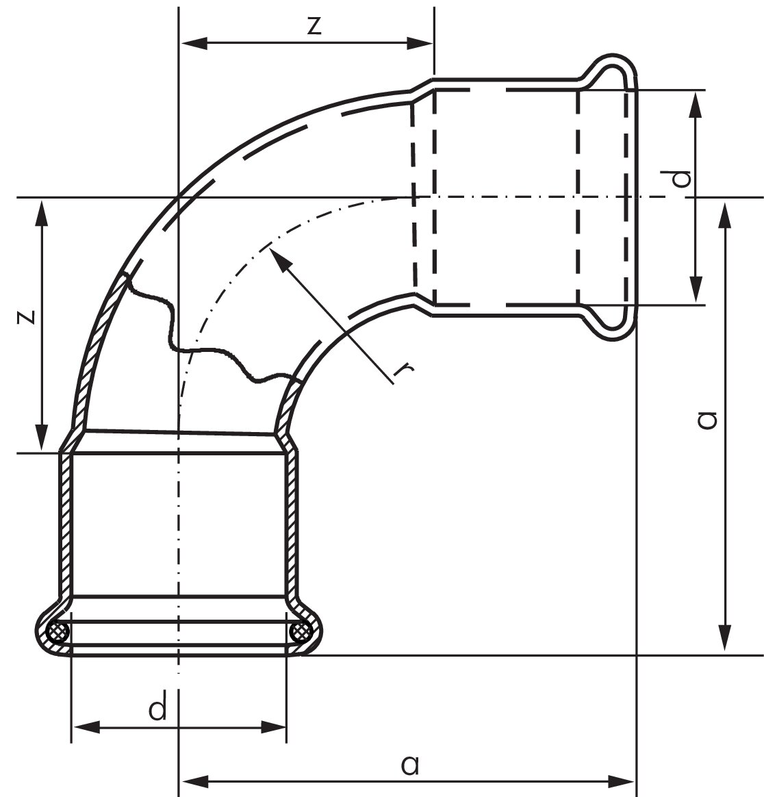 Zeichnung: Bogen 90° mit Innenpressende & Außenpre