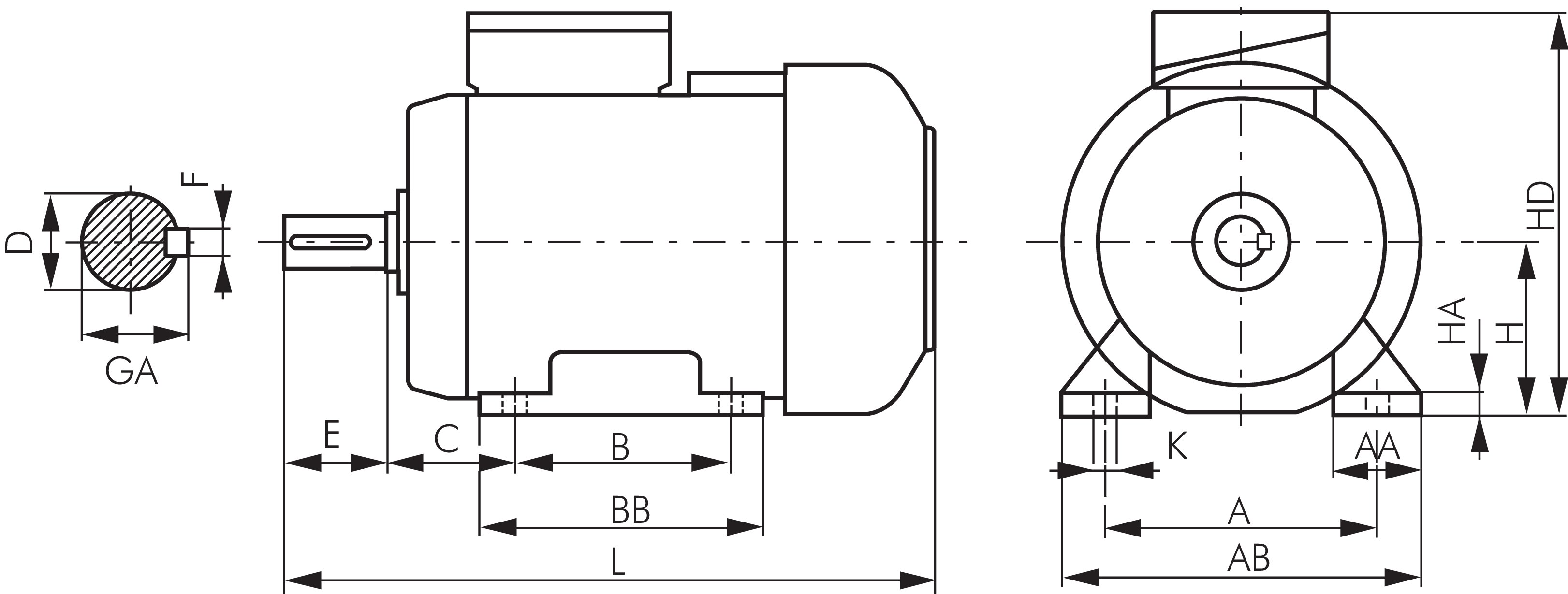 Zeichnung: Drehstrom-Elektromotor (Bauform B3)