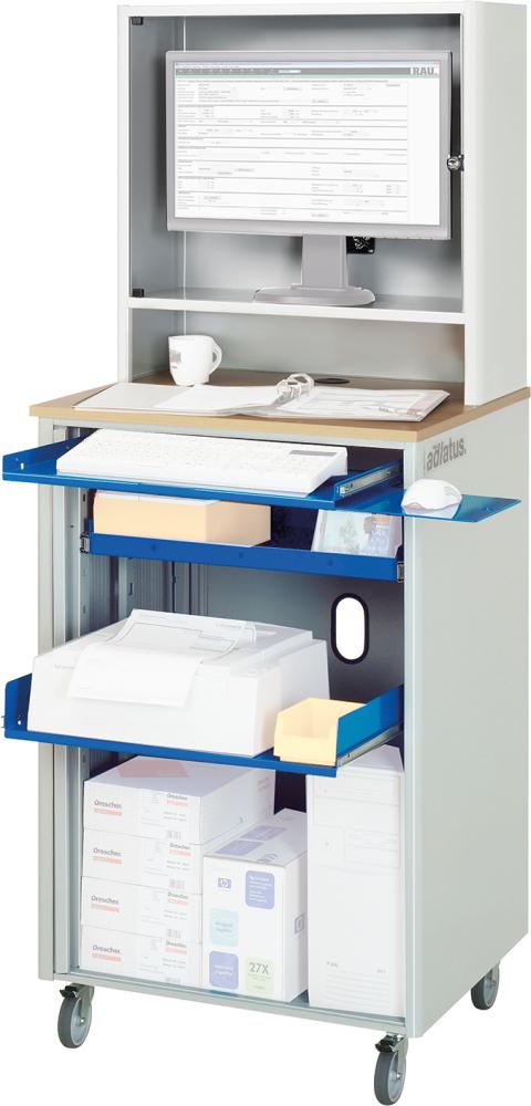 Computer-Tisch B720xT660xH1810 mm RAL 7035/5010 mobil Gehäuse mit Tür