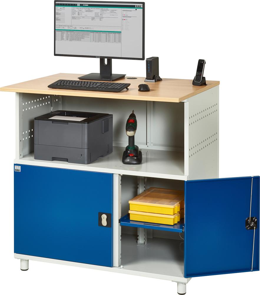 Computer-Tisch B1100xT800xH1100 mm RAL 7035/5010 stationär ohne Monitorgehäuse