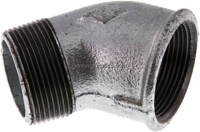 45°-Einschraubwinkel Rp 1-1/2"(IG)-R 1-1/2"(AG), Temperguss verzinkt